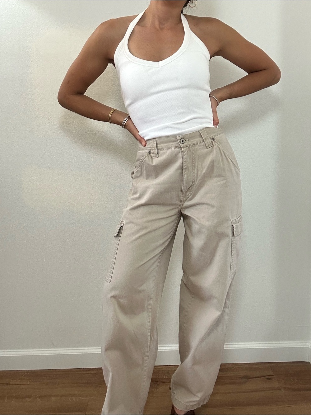 Vintage 90’s Bill Blass Beige Tan Wide Leg Cargo Pants High Rise Size S